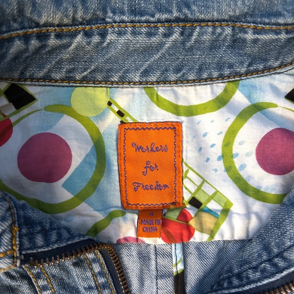 Workers for Freedom Cropped Denim Moto Jacket Y2K Indie Sleaze Size 4 - Picture 3 of 10